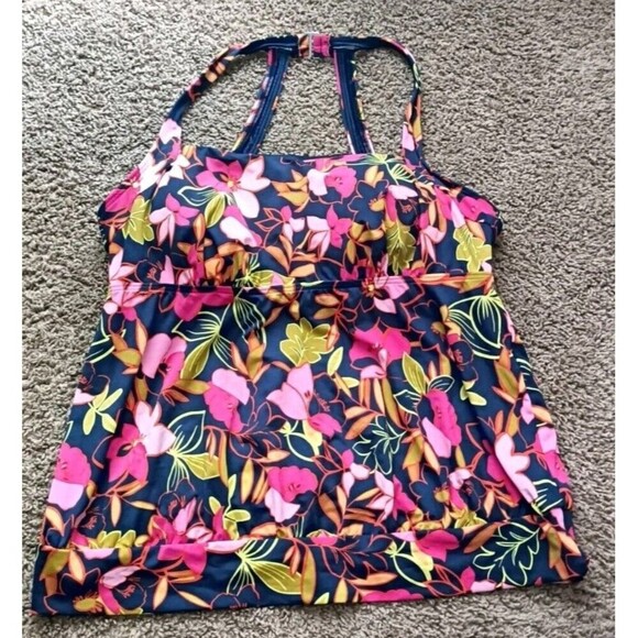 LANDS' END Tankini Swim Top Size 16W 10 Deep Sea Jungle Print Blouson  Blue - Picture 5 of 6